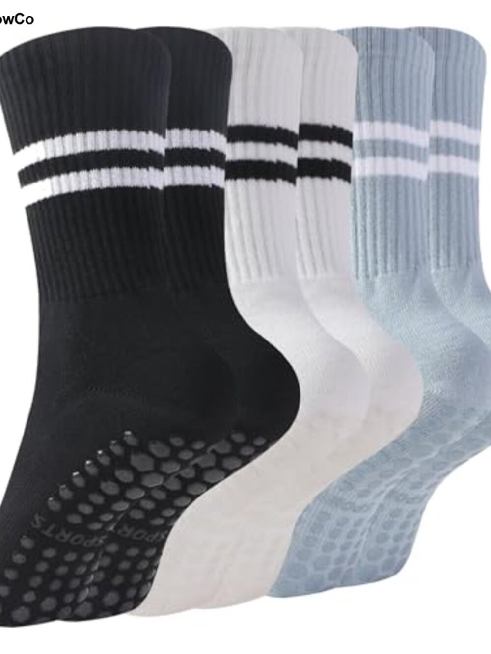 Cotton Non-Slip Grip Crew Socks for Pilates Yoga 3 Pack